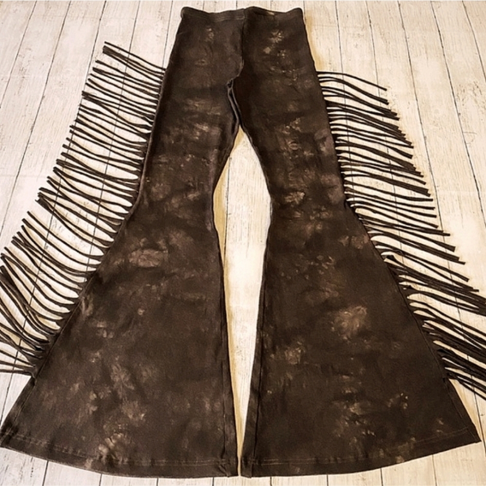 LONG LENGTH High Waisted Fringe Bell Bottoms in BROWN TIE DYE Sizes XS S M L XL - Picture 8 of 8